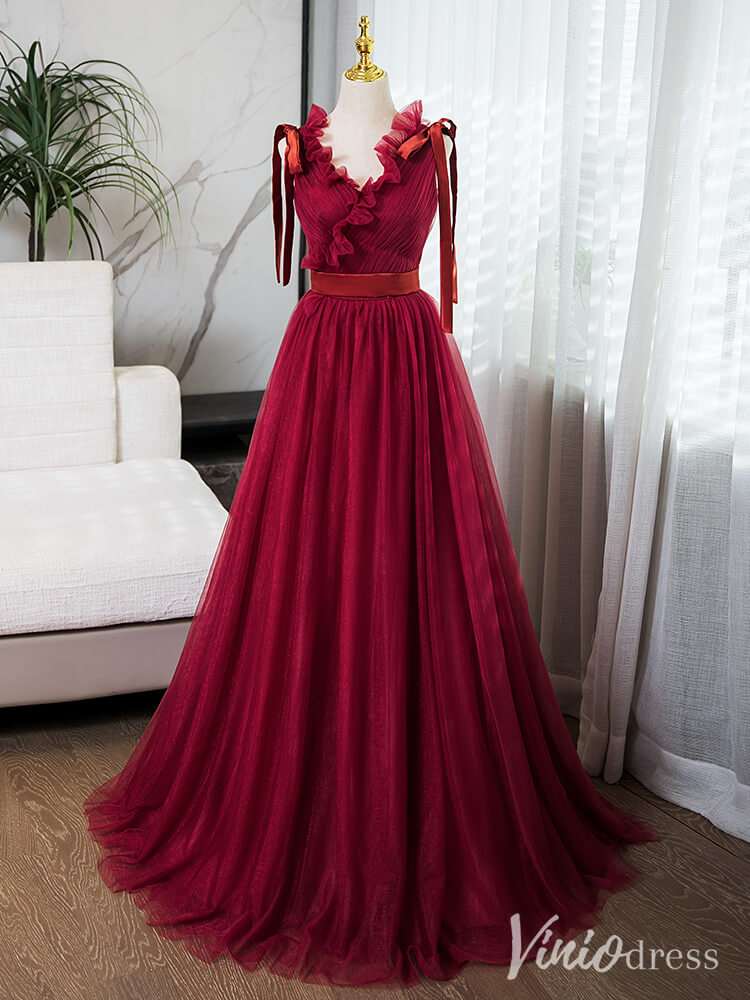 Red Ruffled Pleated Prom Dresses Bow-Tie V-Neck Tulle Ball Gown AD1358-prom dresses-Viniodress-Viniodress