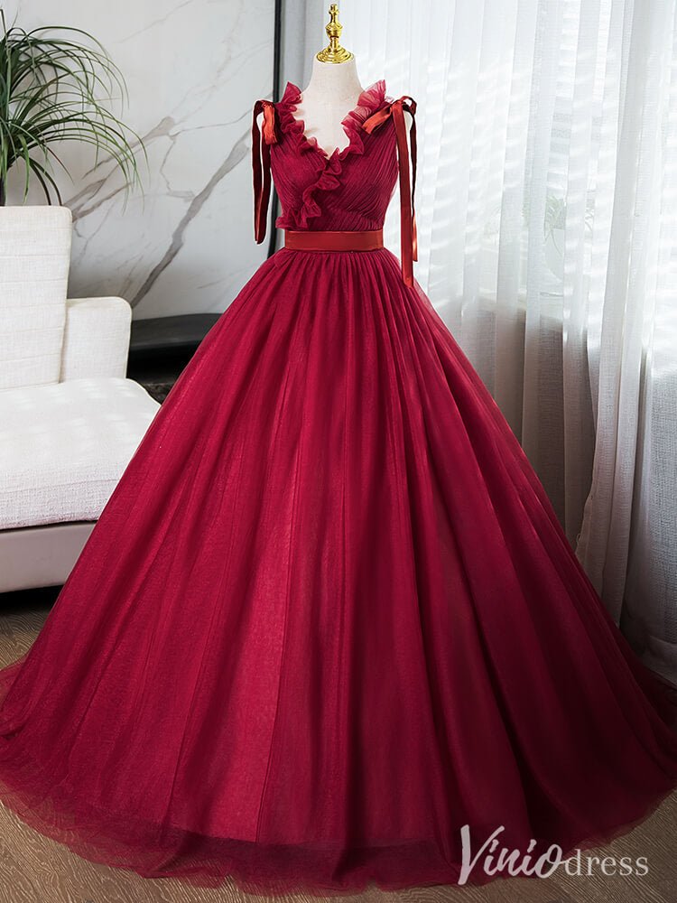 Red Ruffled Pleated Prom Dresses Bow - Tie V - Neck Tulle Ball Gown AD1358 - Viniodressprom dressesRedCustom Size - Formal Dresses - Ball Gowns