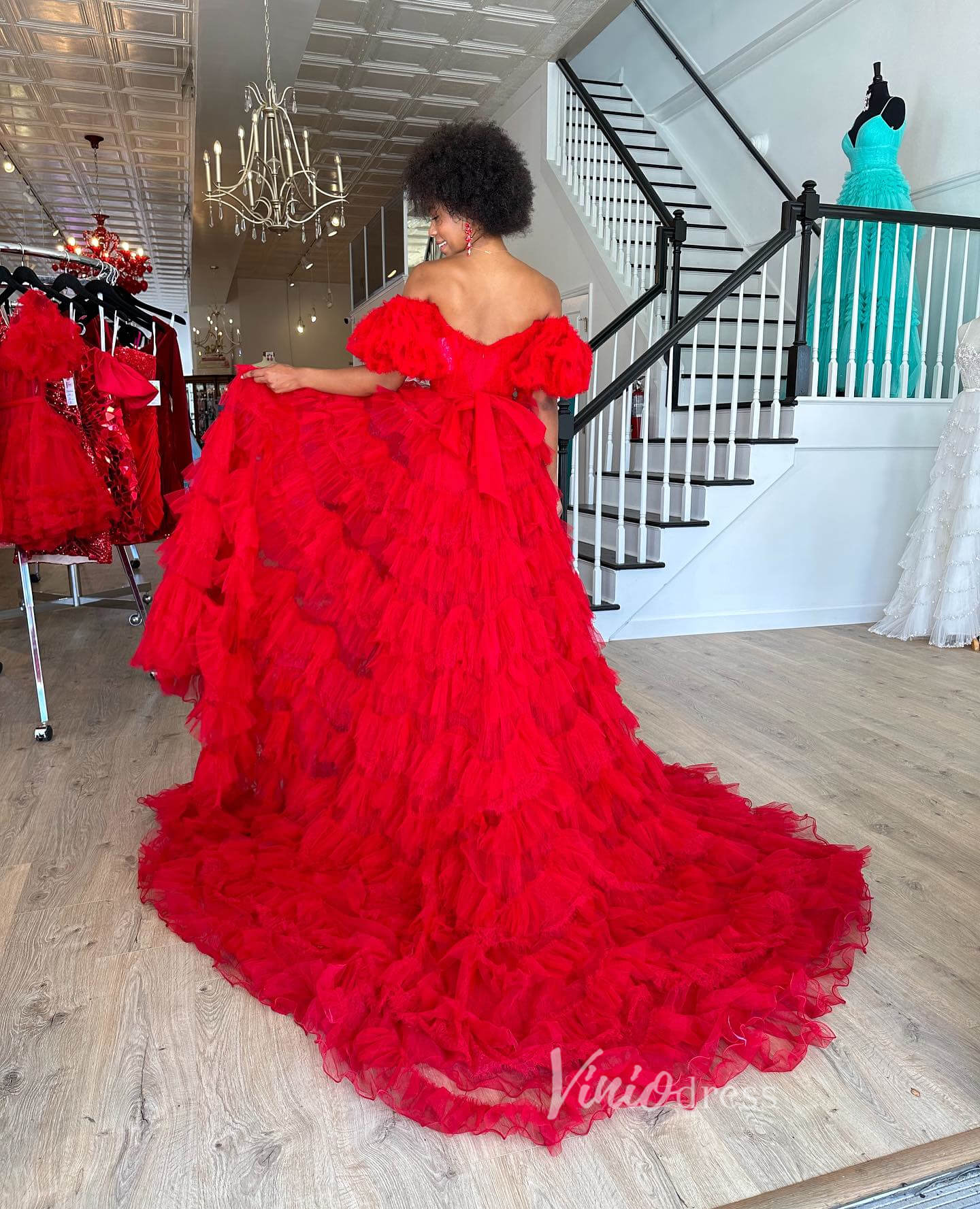 Red Ruffled Tulle Prom Dresses with Slit Tiered Off the Shoulder Ball Gown FD3614-prom dresses 2025 -Viniodress-Red-Custom Size-