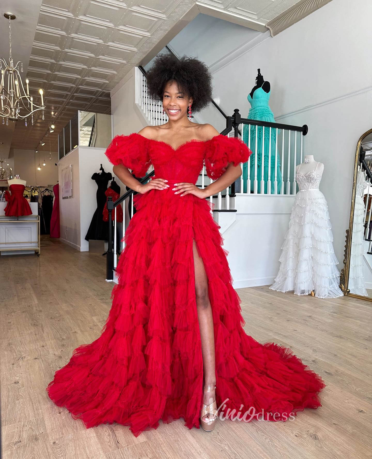 Red Ruffled Tulle Prom Dresses with Slit Tiered Off the Shoulder Ball Gown FD3614-prom dresses 2025 -Viniodress-Red-Custom Size-