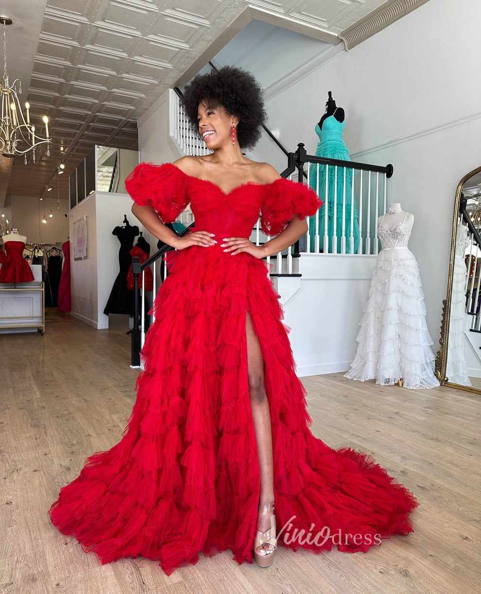 Red Ruffled Tulle Prom Dresses with Slit Tiered Off the Shoulder Ball ...