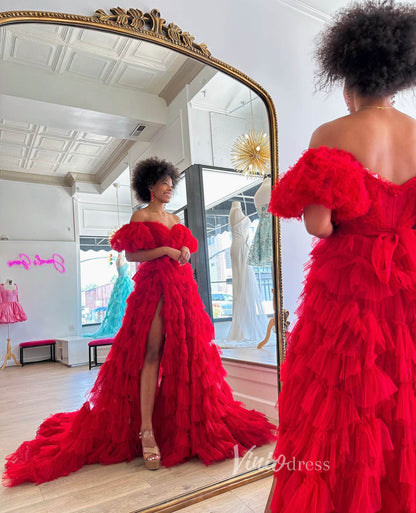 Red Ruffled Tulle Prom Dresses with Slit Tiered Off the Shoulder Ball Gown FD3614-prom dresses 2025 -Viniodress-Red-Custom Size-