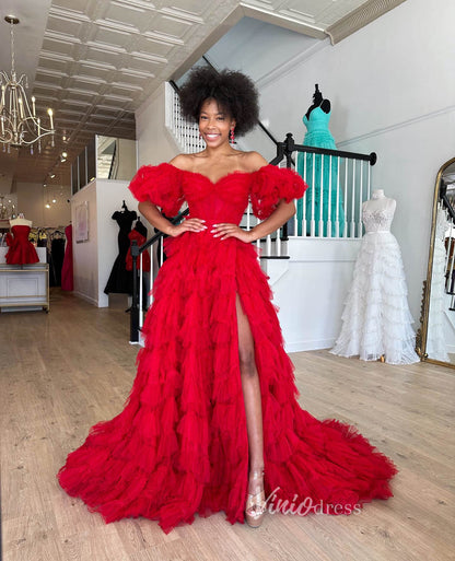 Red Ruffled Tulle Prom Dresses with Slit Tiered Off the Shoulder Ball Gown FD3614-prom dresses 2025 -Viniodress-Red-Custom Size-