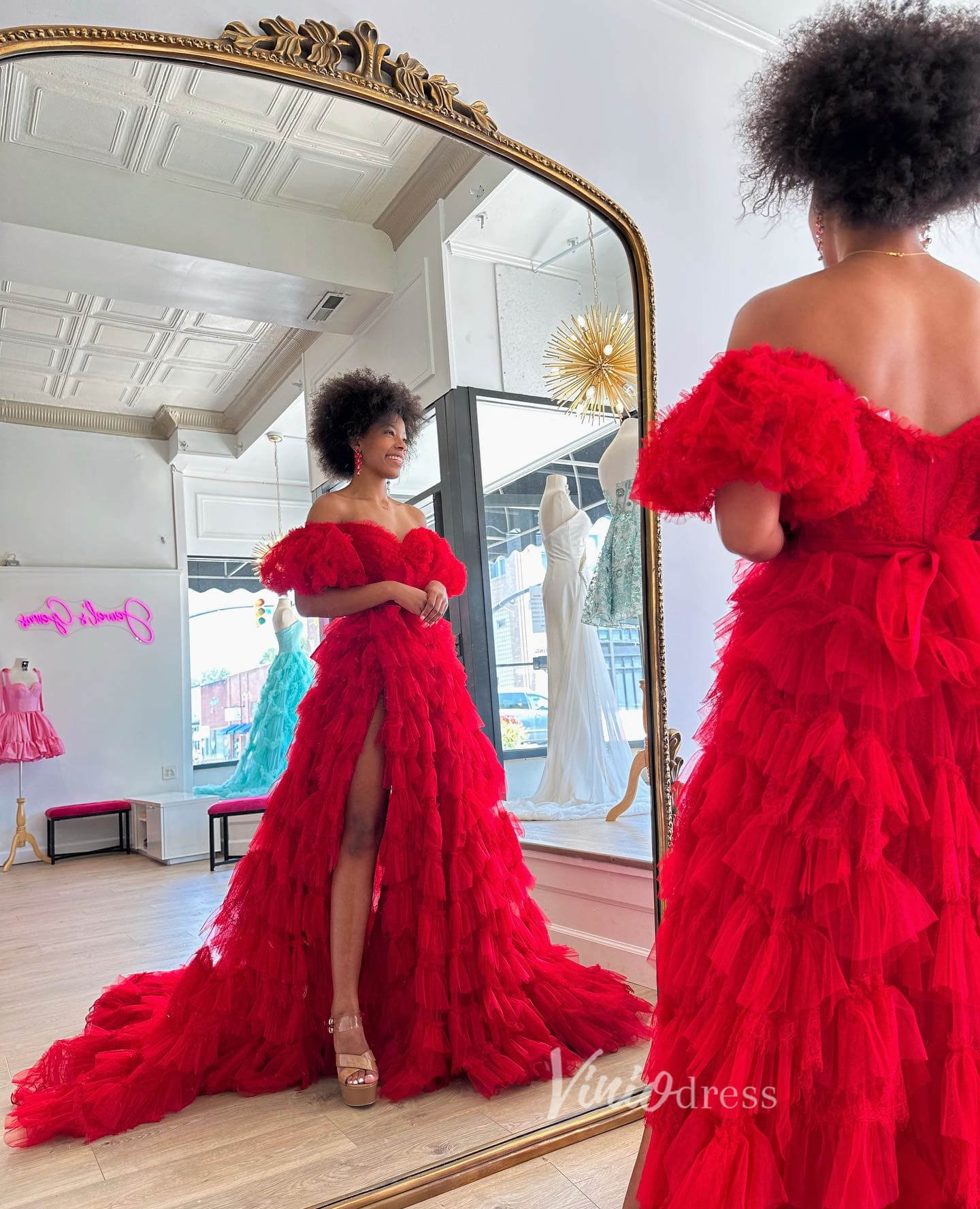 Red Ruffled Tulle Prom Dresses with Slit Tiered Off the Shoulder Ball Gown FD3614 - Viniodressprom dressesRedCustom Size - Formal Dresses - Ball Gowns