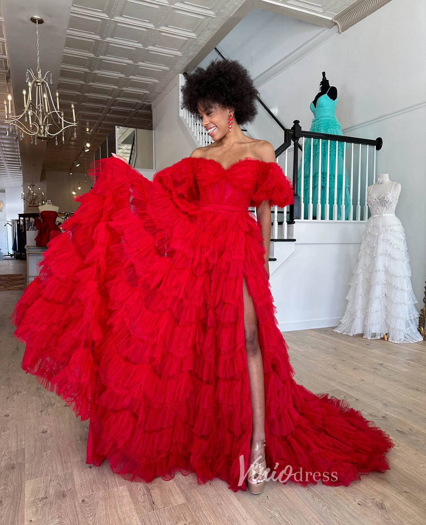 Red Ruffled Tulle Prom Dresses with Slit Tiered Off the Shoulder Ball Gown FD3614 - Viniodressprom dressesRedCustom Size - Formal Dresses - Ball Gowns