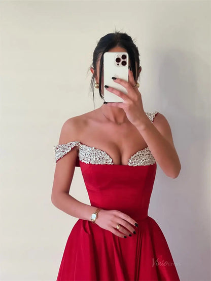 Red Satin A-Line Prom Dresses 2025 Beaded Neckline Formal Gown FD5246-prom dresses 2025 -Viniodress-Red-Custom Size-