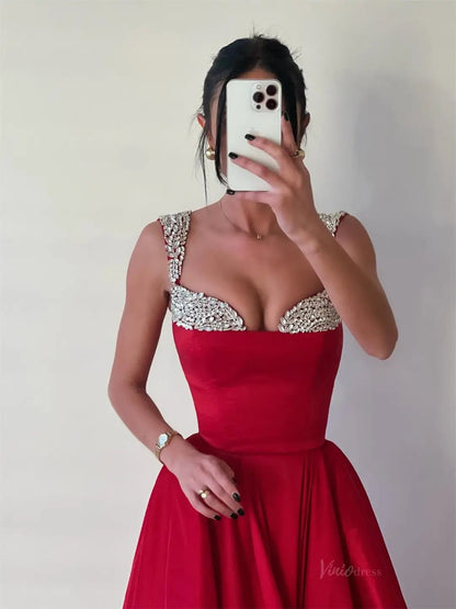 Red Satin A-Line Prom Dresses 2025 Beaded Neckline Formal Gown FD5246-prom dresses 2025 -Viniodress-Red-Custom Size-