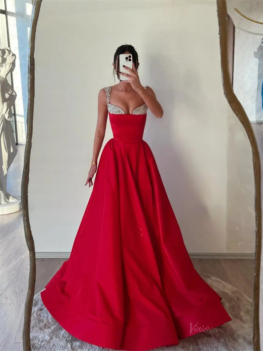 Red Satin A - Line Prom Dresses 2025 Beaded Neckline Formal Gown FD5246 - Viniodressprom dressesRedCustom Size - Formal Dresses - Ball Gowns