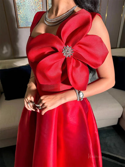 Red Satin A-Line Prom Dresses 2025 with Wide Strap & 3D Flower – FD5201-prom dresses 2025 -Viniodress-Red-Custom Size-