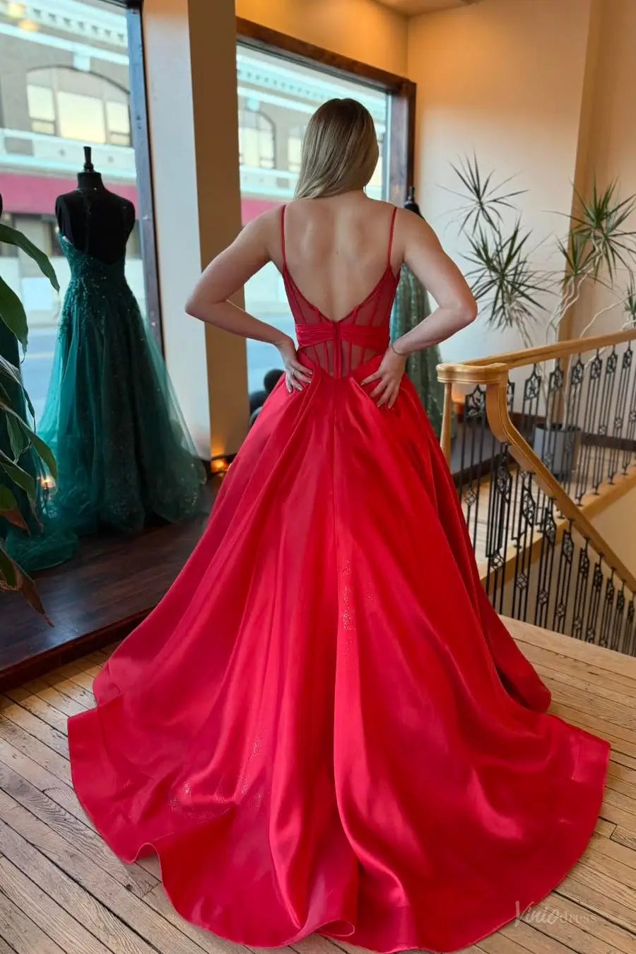 Red Satin Ball Gown Prom Dress with Sheer Boned Bodice & Pockets – AS077 – Viniodress Red Satin Ball Gown Prom Dress with Sheer Boned Bodice & Pockets – AS077 – Viniodress