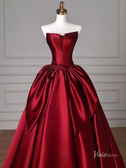Red Satin Bow Tie Prom Ball Gown Strapless Quinceanera Dresses BG074-prom dresses 2025 -Viniodress-Red-Custom Size-