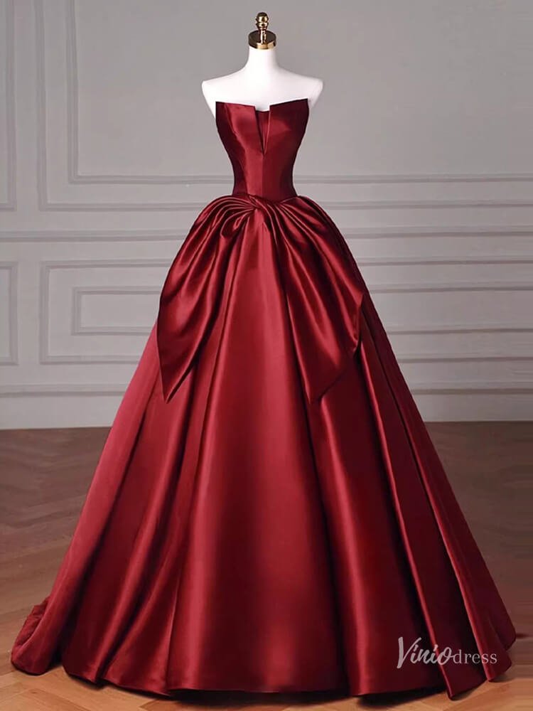 Red Satin Bow Tie Prom Ball Gown Strapless Quinceanera Dresses BG074-prom dresses 2025 -Viniodress-Red-Custom Size-