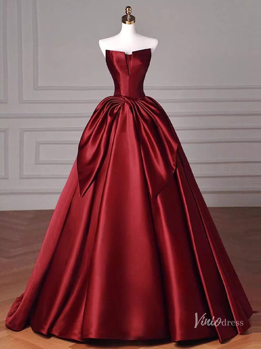 Red Satin Bow Tie Prom Ball Gown Strapless Quinceanera Dresses BG074-prom dresses 2025 -Viniodress-Red-Custom Size-