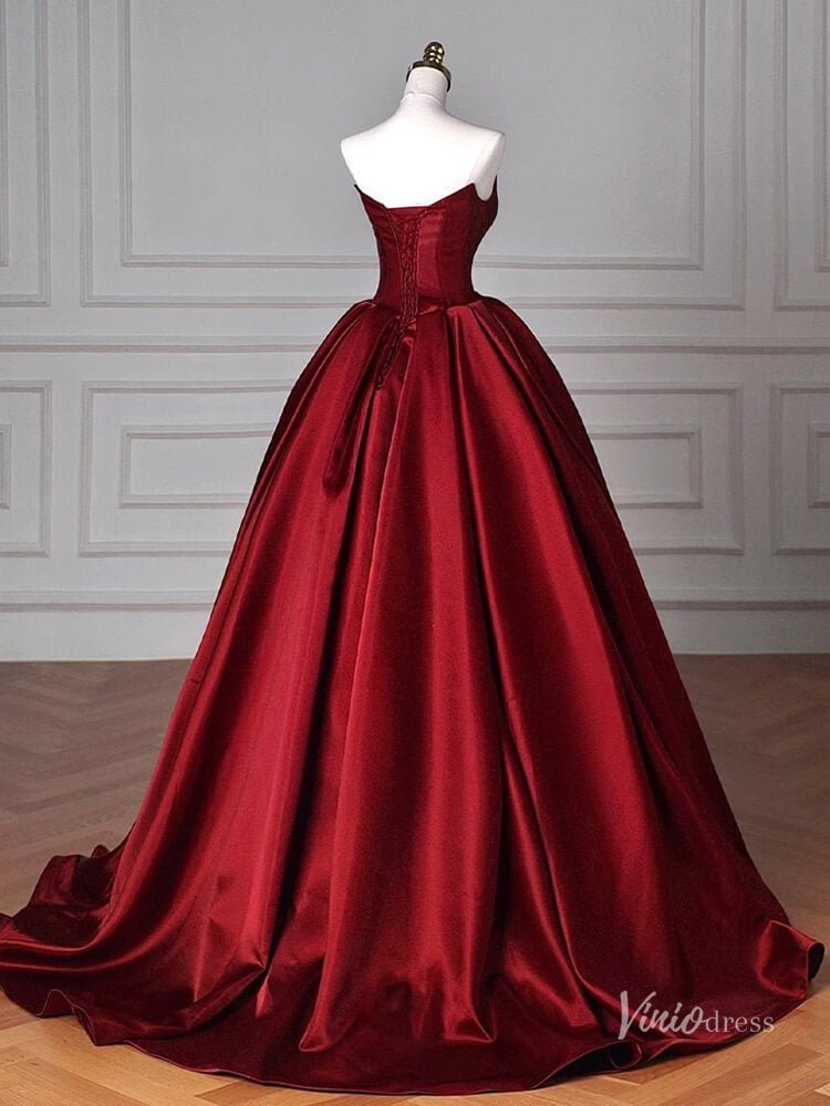 Red Satin Bow Tie Prom Ball Gown Strapless Quinceanera Dresses BG074 - Viniodressprom dressesRedCustom Size - Formal Dresses - Ball Gowns