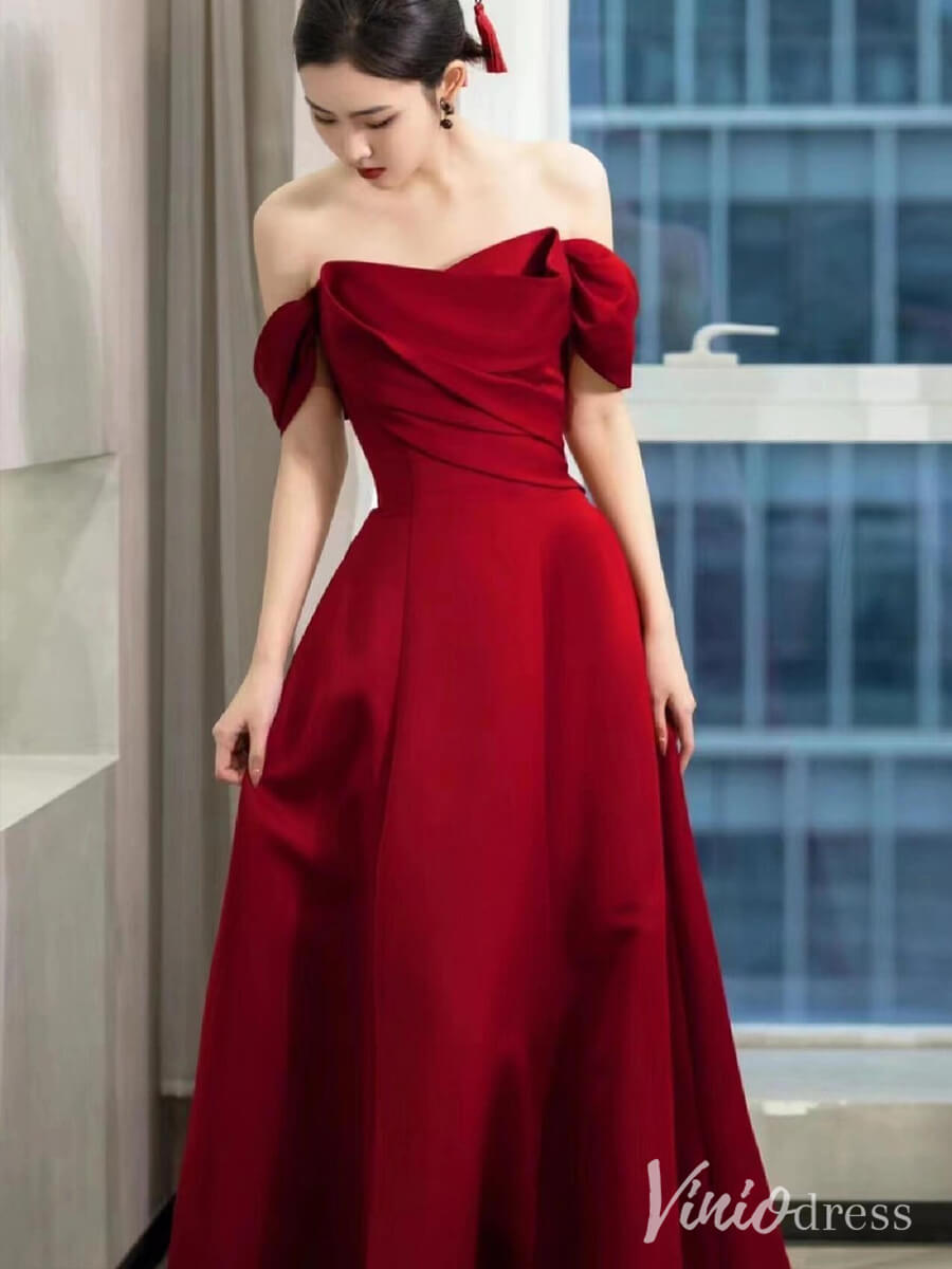 Red Satin Cheap Prom Dresses Off the Shoulder Formal Dress AD1330-prom dresses-Viniodress-Viniodress