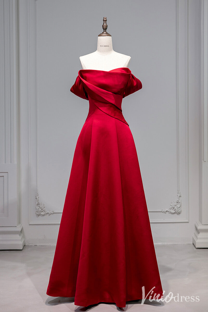 Red Satin Cheap Prom Dresses Off the Shoulder Formal Dress AD1330-prom dresses-Viniodress-Red-Custom Size-Viniodress