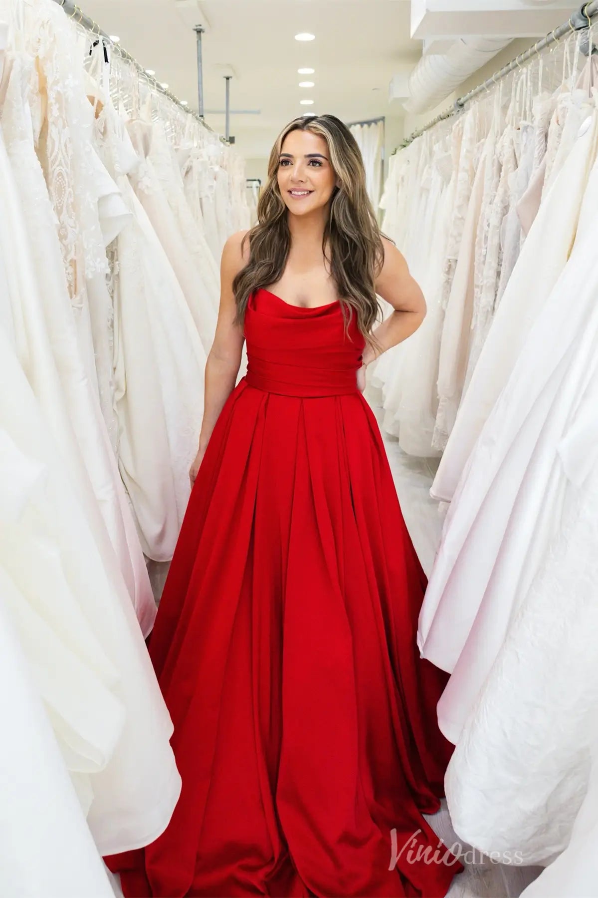 Red Satin Formal Dress with Cowl Neckline, Spaghetti Straps, Button Back Detail and Chapel Train – AS018-prom dresses 2025 -Viniodress-Red-Custom Size-