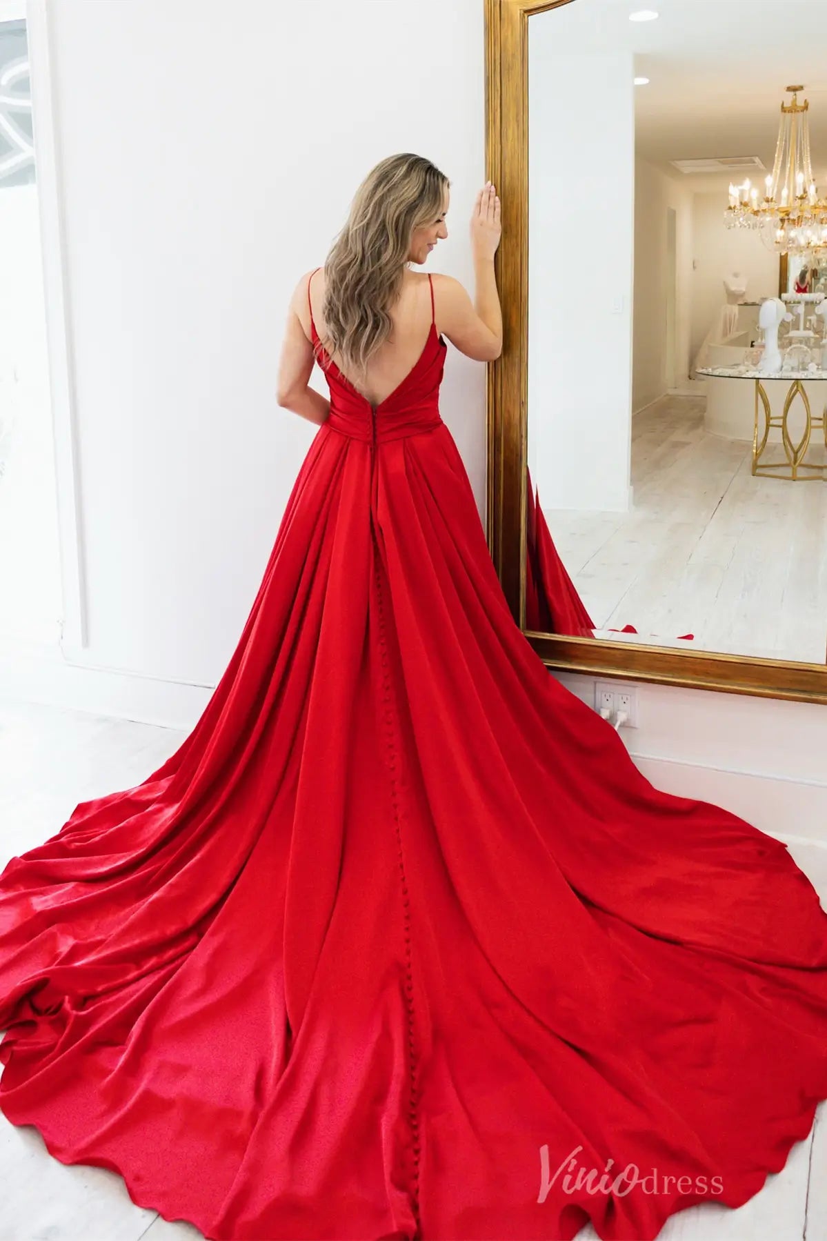 Red Satin Formal Dress with Cowl Neckline, Spaghetti Straps, Button Back Detail and Chapel Train – AS018-prom dresses 2025 -Viniodress-Red-Custom Size-