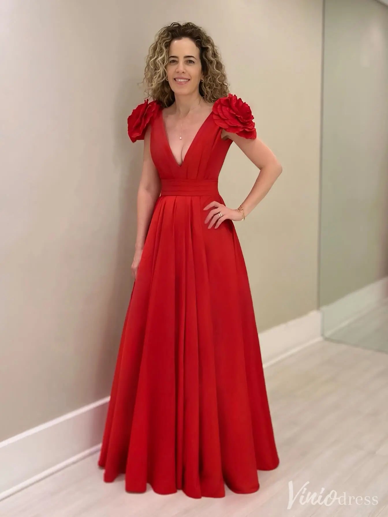 Red Satin Formal Gowns with 3D Flower Shoulder Elegant Evening Dresses V-Neck | IS008-prom dresses 2025 -Viniodress-Red-Custom Size-