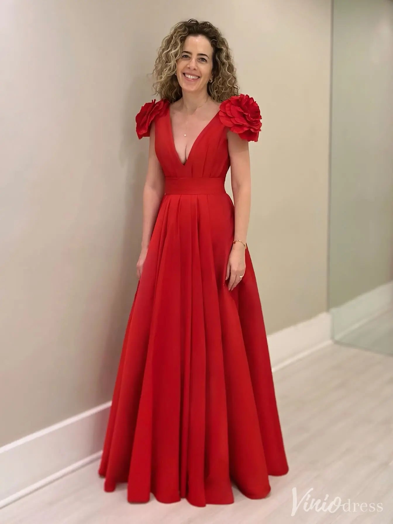 Red Satin Formal Gowns with 3D Flower Shoulder Elegant Evening Dresses V-Neck | IS008-prom dresses 2025 -Viniodress-Red-Custom Size-