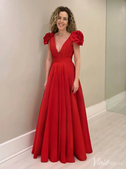 prom dresses 2025 Red Satin Prom Dress with 3D Flower Shoulder Detail & V-Neck | IS008-plus size wedding dresses Viniodress-Red-Custom Size-