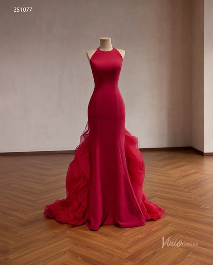 Red Satin Halter Neck Mermaid Prom Dress with Open Back & Dramatic Ruffled Tulle Train – 251077-Couture Gown 2026-Viniodress-Red-Custom Size – Add Measurements in Cart-