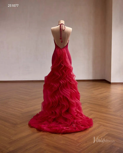 Red Satin Halter Neck Mermaid Prom Dress with Open Back & Dramatic Ruffled Tulle Train – 251077-Couture Gown 2026-Viniodress-Red-Custom Size – Add Measurements in Cart-