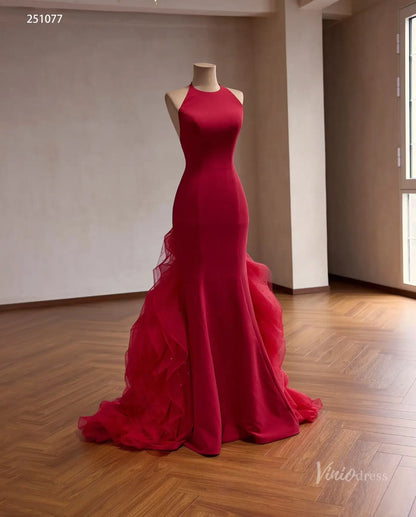 Red Satin Halter Neck Mermaid Prom Dress with Open Back & Dramatic Ruffled Tulle Train – 251077-Couture Gown 2026-Viniodress-Red-Custom Size – Add Measurements in Cart-