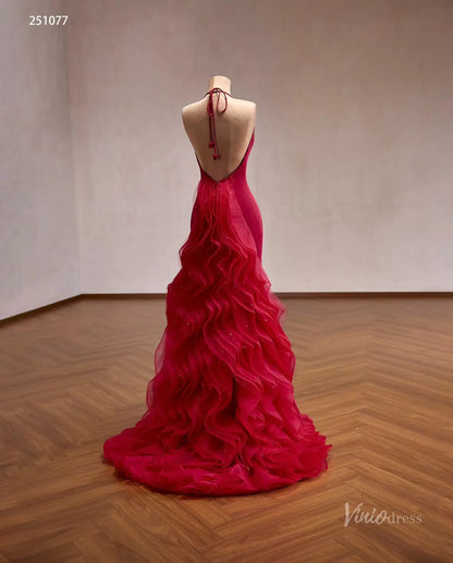 Red Satin Halter Neck Mermaid Prom Dress with Open Back & Dramatic Ruffled Tulle Train – 251077-Couture Gown 2026-Viniodress-Red-Custom Size – Add Measurements in Cart-