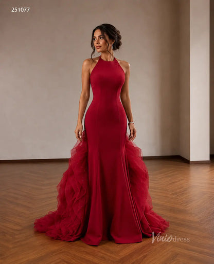 Red Satin Halter Neck Mermaid Prom Dress with Open Back & Dramatic Ruffled Tulle Train – 251077-Couture Gown 2026-Viniodress-Red-Custom Size – Add Measurements in Cart-