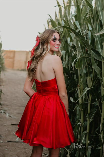 Red Satin Homecoming Dress with Sweetheart Neckline and Rhinestone Bow Belt – H1115-Homecoming Dresses 2025 -Viniodress-Red-Custom Size-