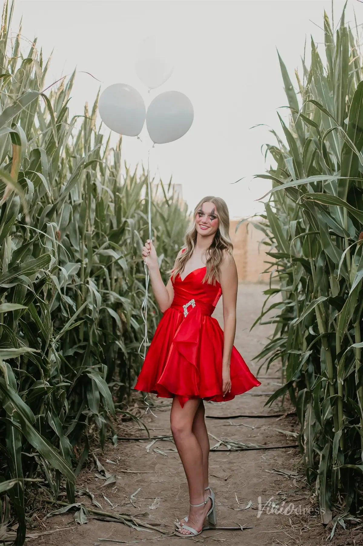 Red Satin Homecoming Dress with Sweetheart Neckline and Rhinestone Bow Belt – H1115-Homecoming Dresses 2025 -Viniodress-Red-Custom Size-