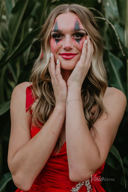 Red Satin Homecoming Dress with Sweetheart Neckline and Rhinestone Bow Belt – H1115-Homecoming Dresses 2025 -Viniodress-Red-Custom Size-