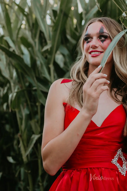 Red Satin Homecoming Dress with Sweetheart Neckline and Rhinestone Bow Belt – H1115-Homecoming Dresses 2025 -Viniodress-Red-Custom Size-