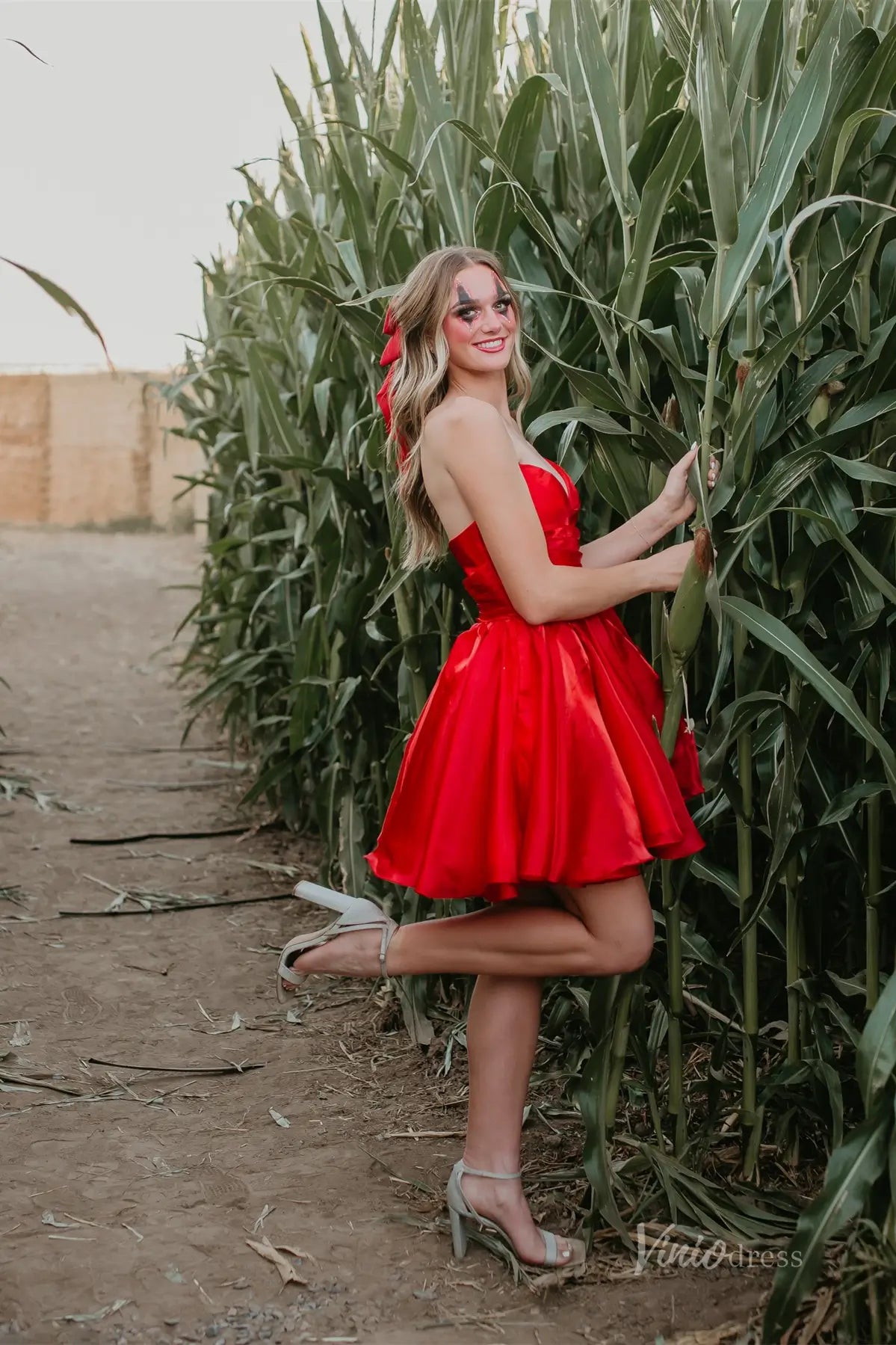Red Satin Homecoming Dress with Rhinestone Bow – H1115 – Viniodress