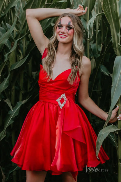 Red Satin Homecoming Dress with Sweetheart Neckline and Rhinestone Bow Belt – H1115-Homecoming Dresses 2025 -Viniodress-Red-Custom Size-