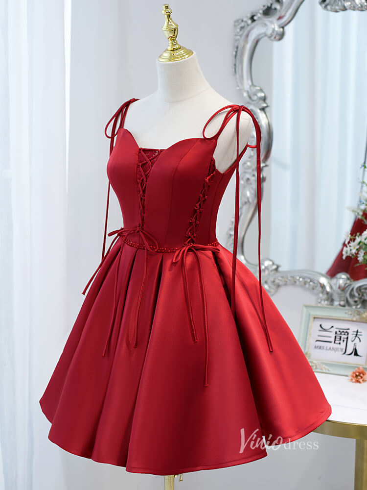 Red Satin Homecoming Dresses with Pockets Lace up Short Party Dress SD   Viniodress