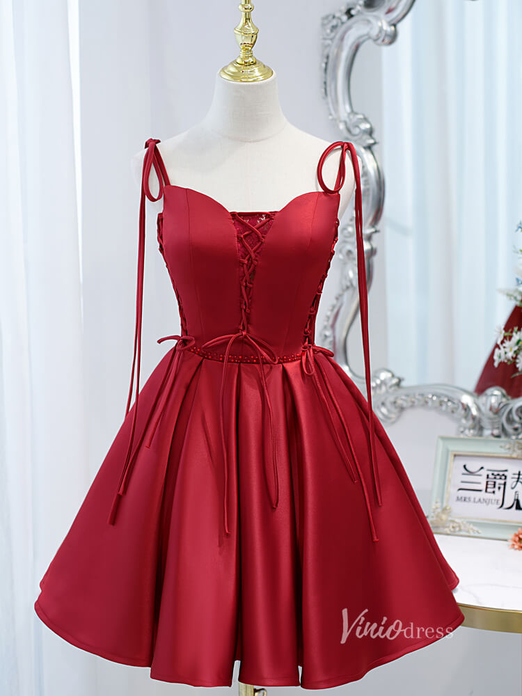 Short Prom Dresses 2025 Red Satin Homecoming Dresses with Pockets Lace up Short Party Dress SD1406-homecoming dresses-Viniodress-Red-Custom Size-Viniodress