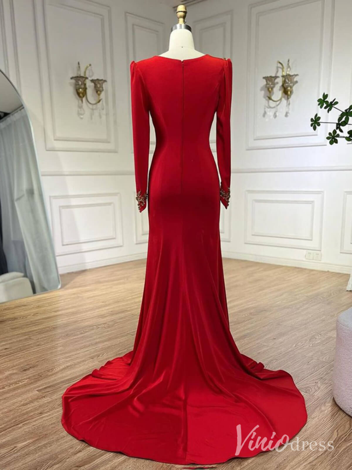 Red Satin Long Sleeve Prom Dresses Beaded Lace V-Neck Mother of the Bride Dress AD1242-Evening Dresses 2025 -Viniodress-Red-US 2-