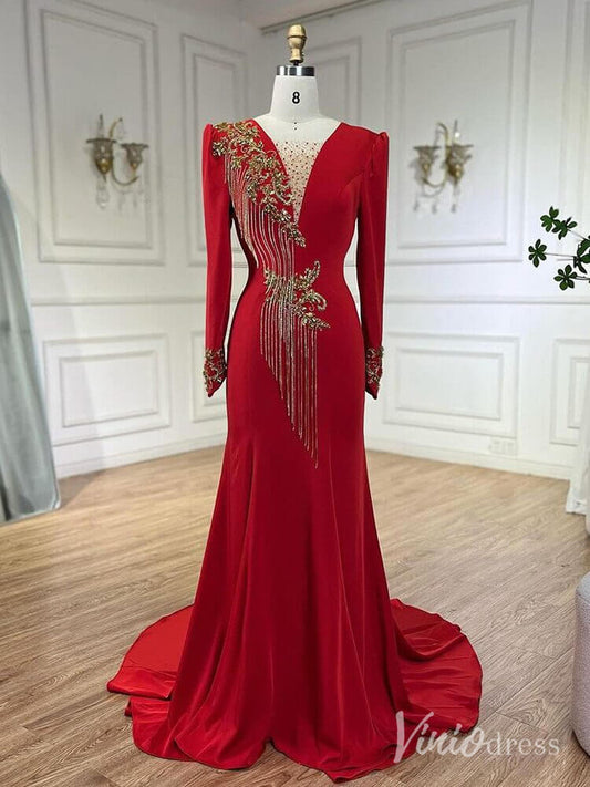 Red Satin Long Sleeve Prom Dresses Beaded Lace V-Neck Mother of the Bride Dress AD1242-Evening Dresses 2025 -Viniodress-Red-US 2-