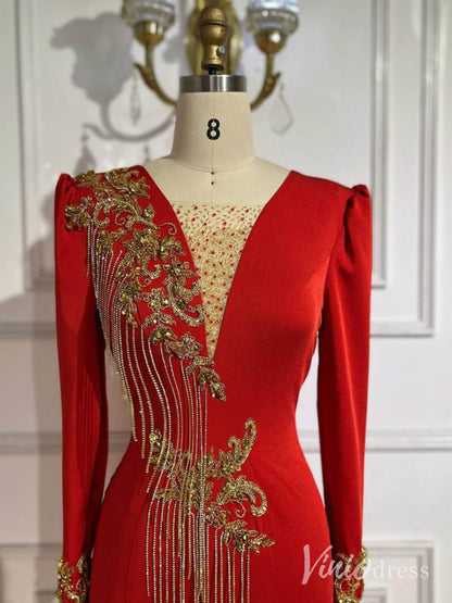 Red Satin Long Sleeve Prom Dresses Beaded Lace V-Neck Mother of the Bride Dress AD1242-Evening Dresses 2025 -Viniodress-Red-US 2-