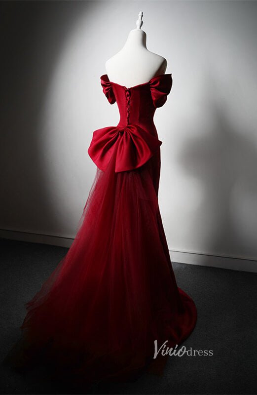 Red Satin Mermaid Bow-Tie Prom Dresses Off the Shoulder Formal Dress AD1221-prom dresses 2025 -Viniodress-Red-Custom Size-