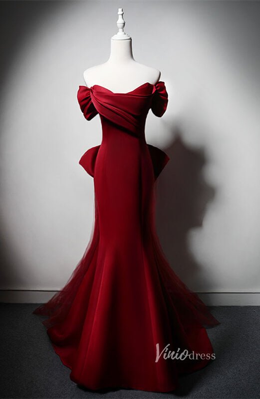 Red Satin Mermaid Bow-Tie Prom Dresses Off the Shoulder Formal Dress AD1221-prom dresses 2025 -Viniodress-Red-Custom Size-