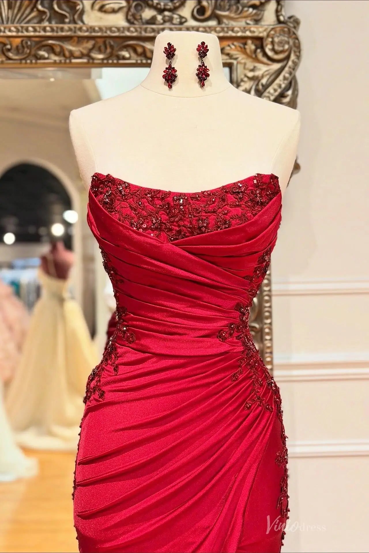 Red Satin Mermaid Prom Dress with Beaded Lace Bodice & High Slit – SS173-prom dresses 2026-Viniodress-Red-Custom Size-