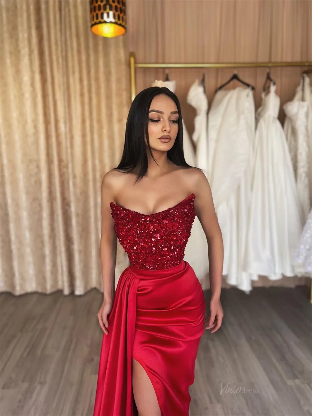 Red Satin Mermaid Prom Dresses 2025 Strapless Sequin Formal Gown with High Slit FD5261-prom dresses 2025 -Viniodress-Red-Custom Size-