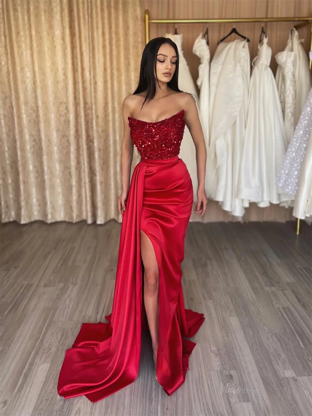 Red Satin Mermaid Prom Dresses 2025 Strapless Sequin Formal Gown with High Slit FD5261-prom dresses 2025 -Viniodress-Red-Custom Size-