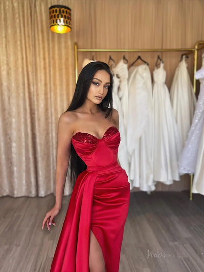 Red Satin Mermaid Prom Dresses 2025 Sweetheart Neck Formal Gown with High Slit FD5260-prom dresses 2025 -Viniodress-Red-Custom Size-