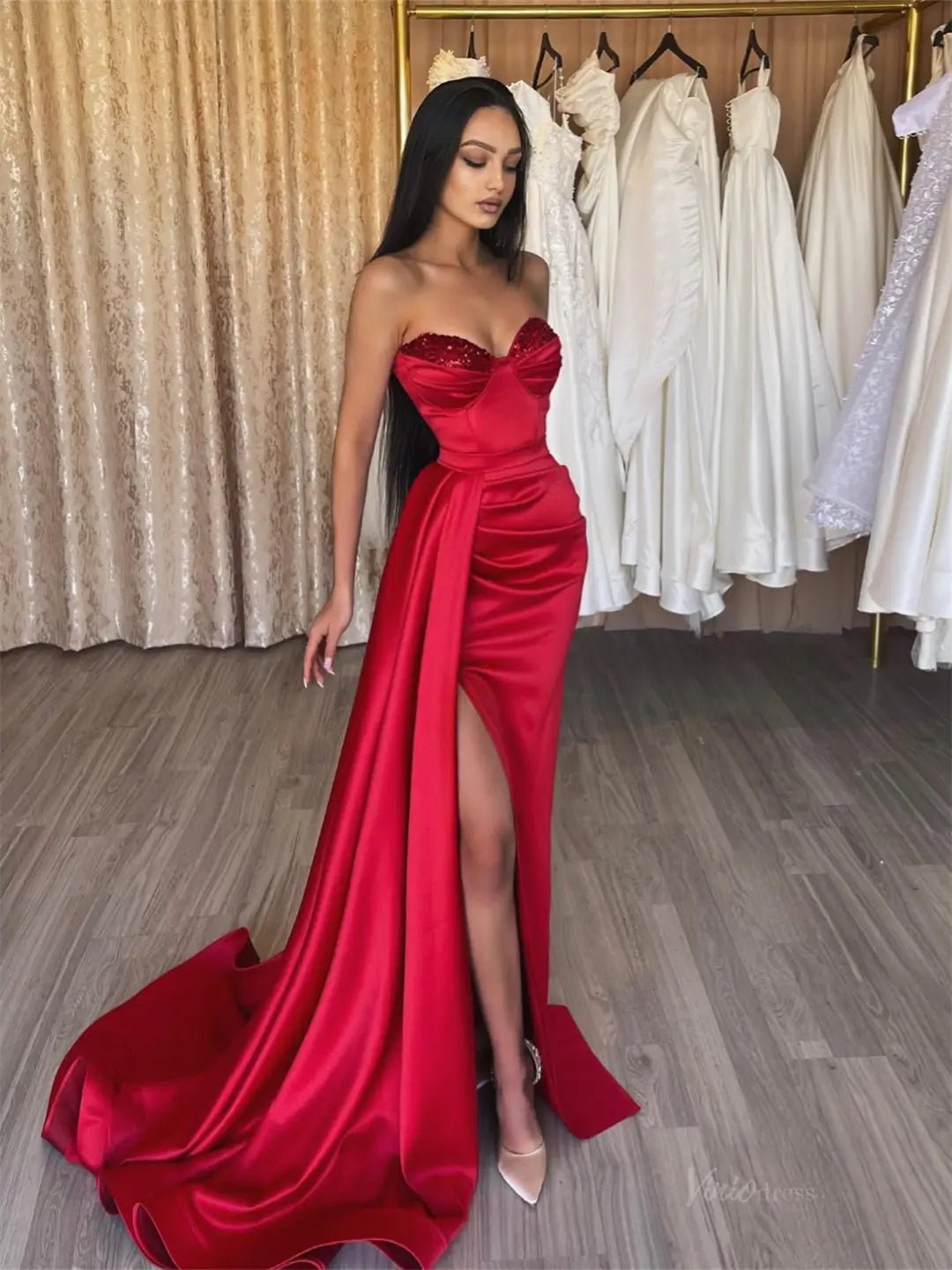Red Satin Mermaid Prom Dresses 2025 Sweetheart Neck Formal Gown with High Slit FD5260-prom dresses 2025 -Viniodress-Red-Custom Size-