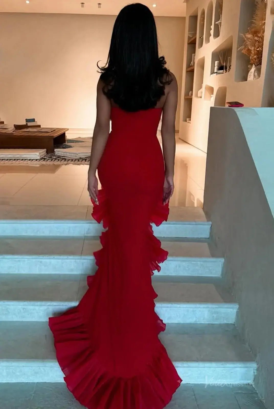 Red Satin Mermaid Prom Dresses 2025 with Ruffled Slit – FD5085-prom dresses 2025 -Viniodress-Red-Custom Size-
