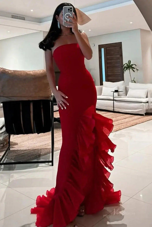 Red Satin Mermaid Prom Dresses 2025 with Ruffled Slit – FD5085 - Viniodressprom dressesRedCustom Size - Formal Dresses - Ball Gowns